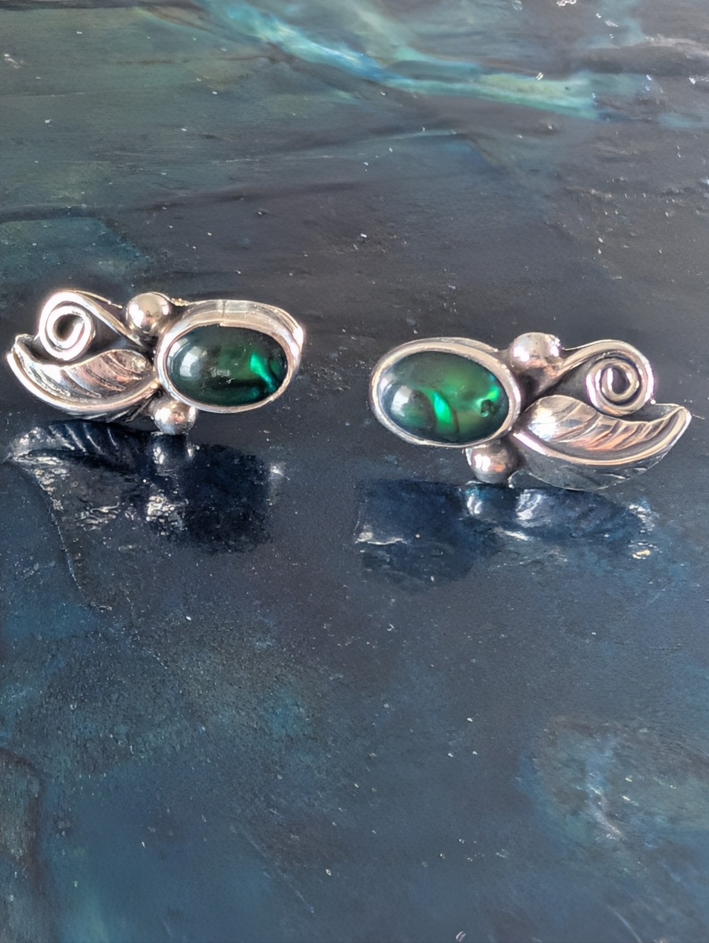 Vintage Native American Paua Shell Solid Sterling Silver Pierced Earrings
